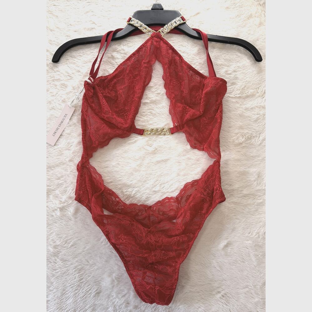 NWOT Victoria Secret Large L Red Lace Cutout Teddy Bodysuit Rhinestone Chain